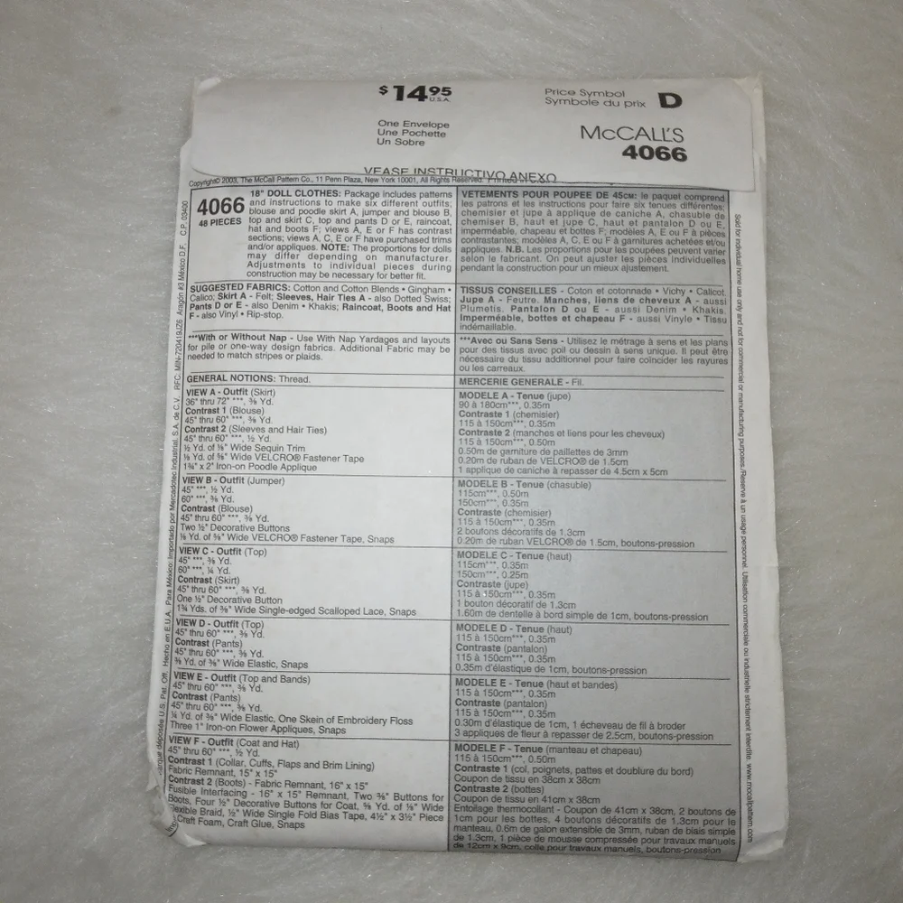 McCall's 4066 Six super cute outfits for American Girl and 18